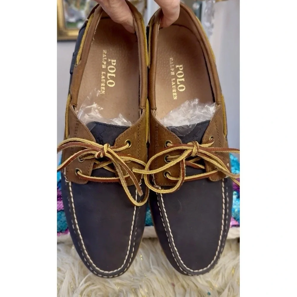 POLO Ralph Lauren BIENNE II Leather Boat Fisherman Shoe Blue Brown Men 12 Photos